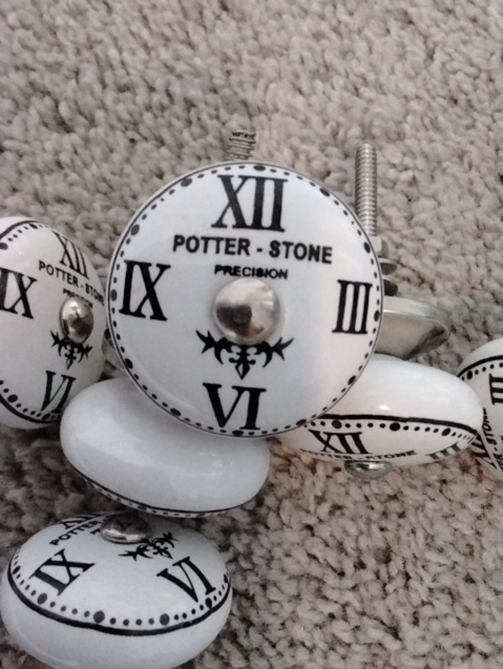 Anthro White Clock Face Ceramic Knob - Black Roman Numerals